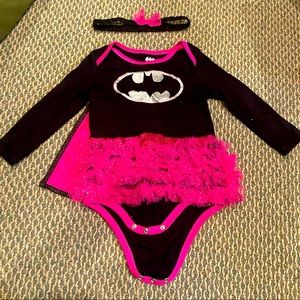 Girls Batman Onesie with ruffle butt, matching cape and headband 18-24M